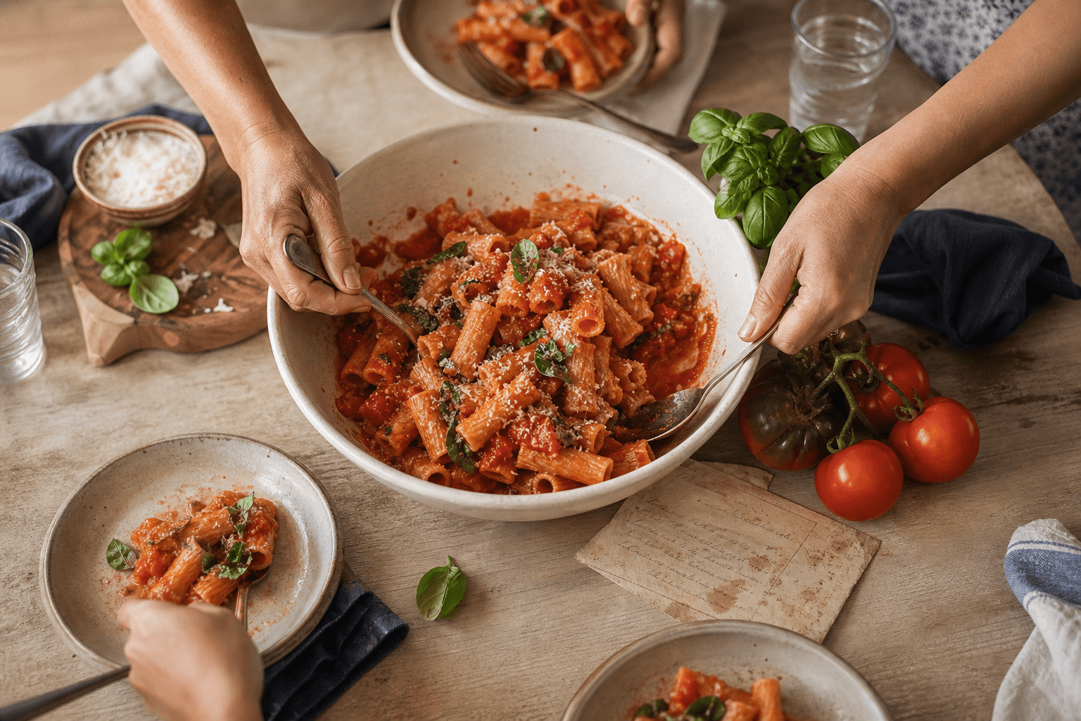 Family members sharing a homemade tomato pasta at a table